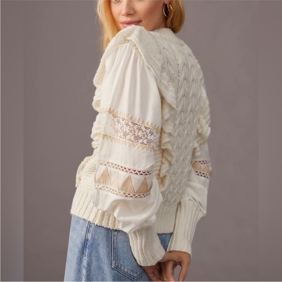Anthropologie Cable Knit Sweater Size XL Ivory Ruffle Puff Sleeve Lace Crewneck - Picture 2 of 9
